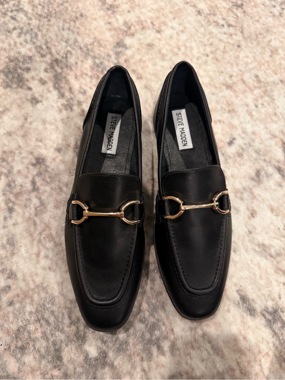 Steve Madden Black Leather Slip-On Loafers with Gold Horsebit